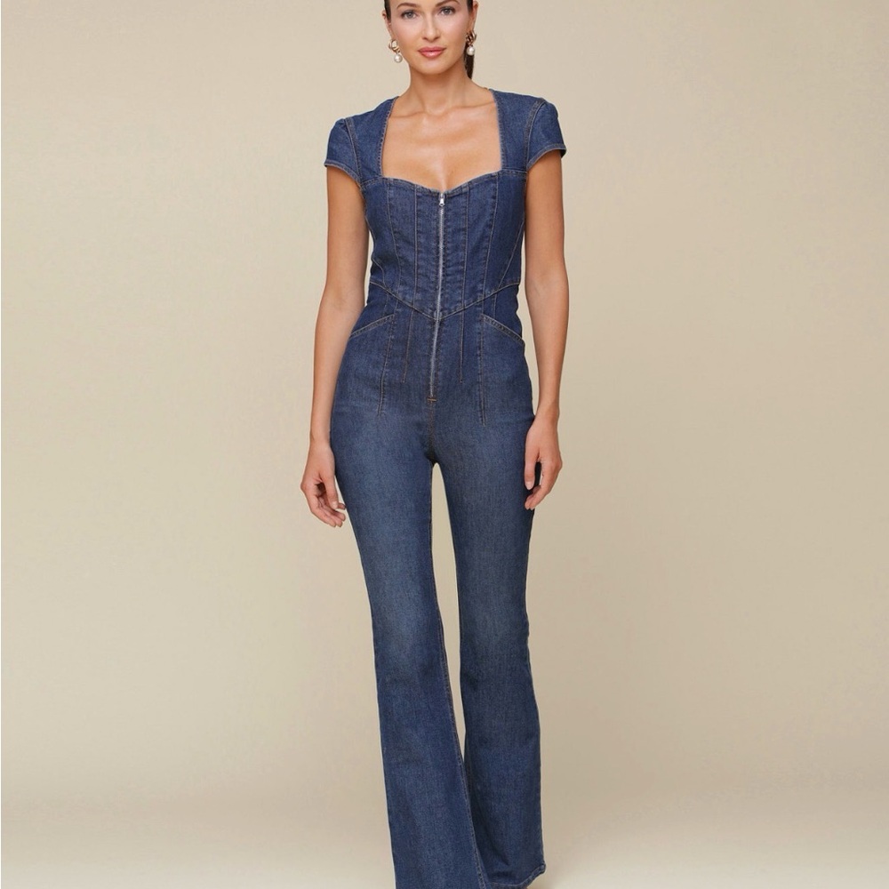 Avec Les Filles Dark Blue Women's Sweetheart-Neck Corset Zip-Up Jumpsuit - Picture 2 of 4